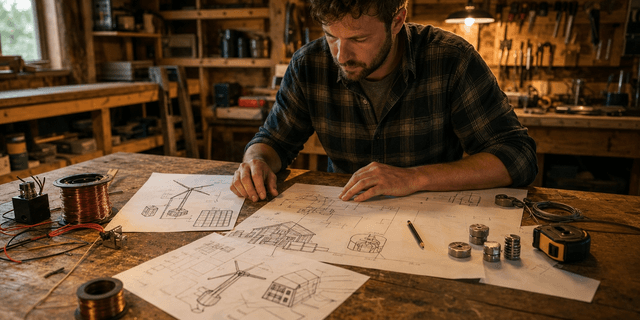 Homeowner at a wooden workbench reviewing DIY energy blueprint diagrams under warm workshop lighting